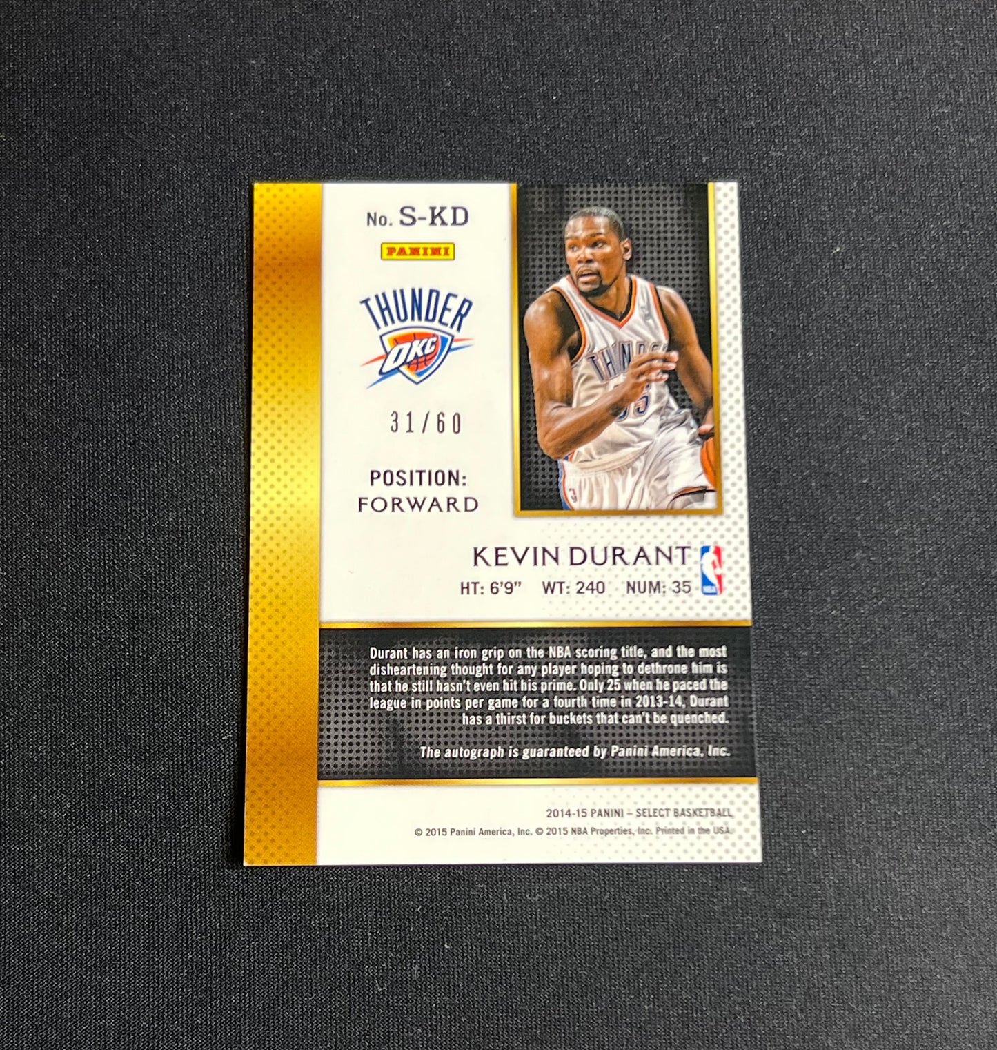 2014-15 Panini Select Kevin Durant On Card Auto /60 #S-KD