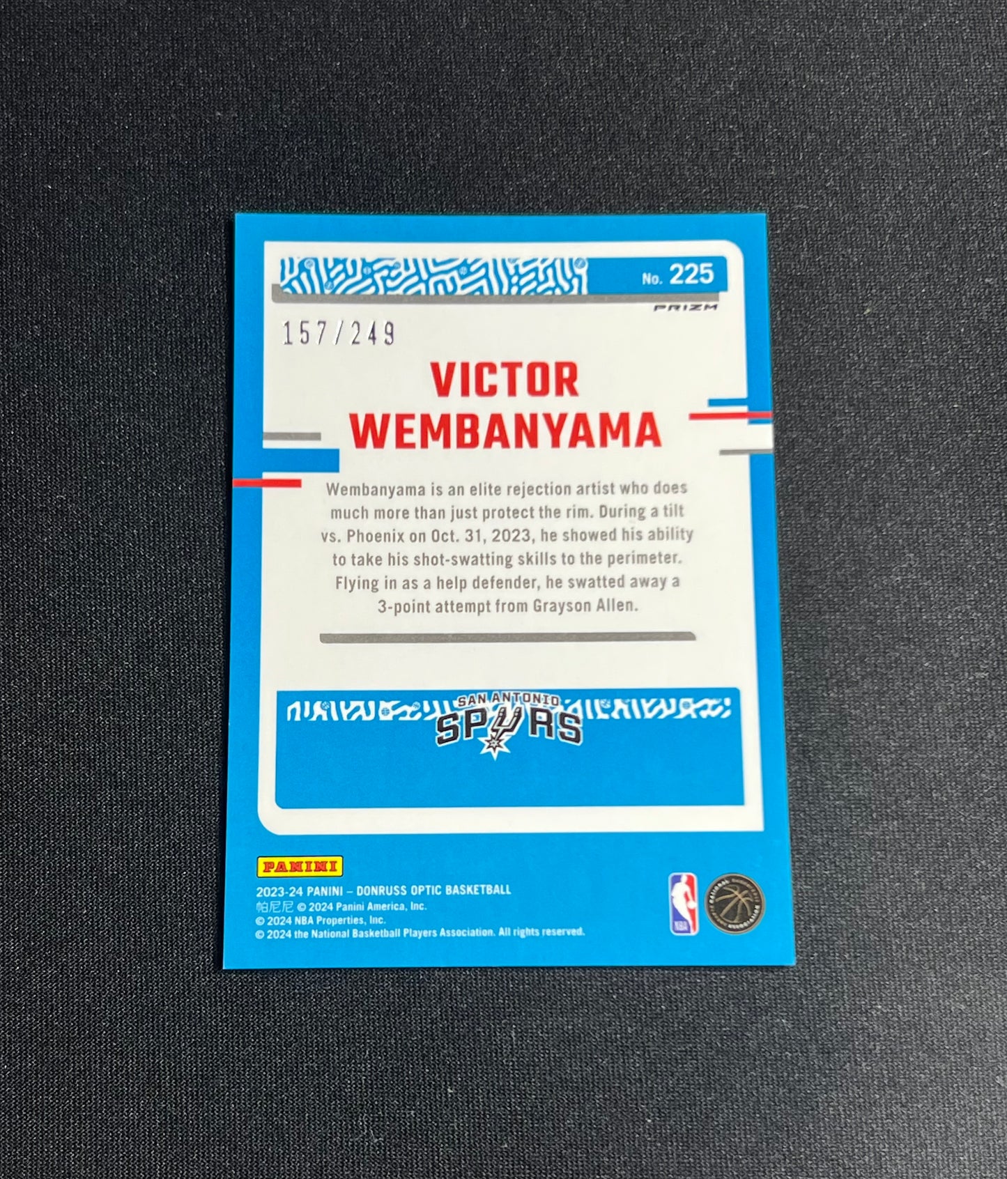 2023 Optic Victor Wembanyama Premium Box Set /249 #225 Spurs