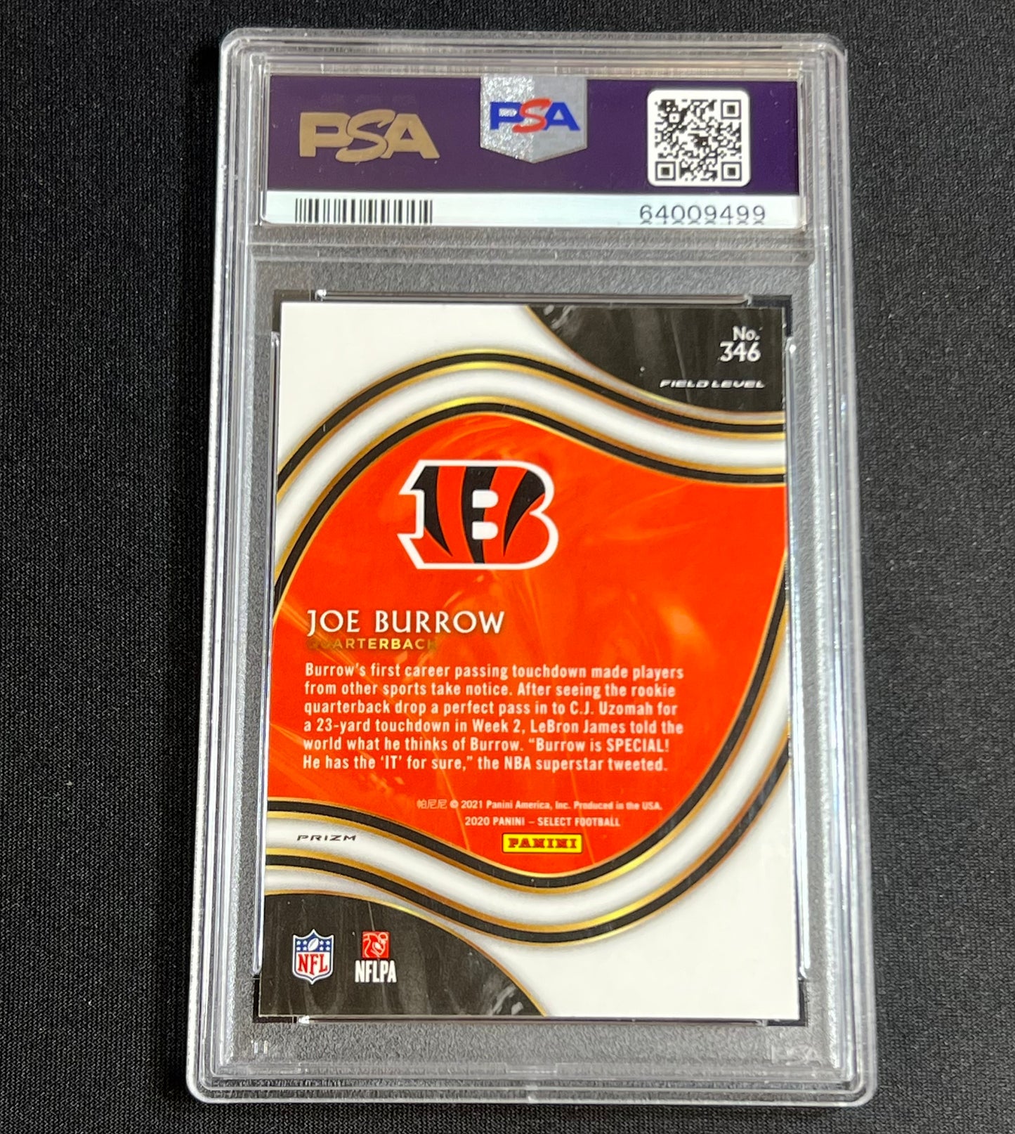 2020 Panini Select Joe Burrow Rookie Silver Prizm Field Level PSA 10 #346 Bengals