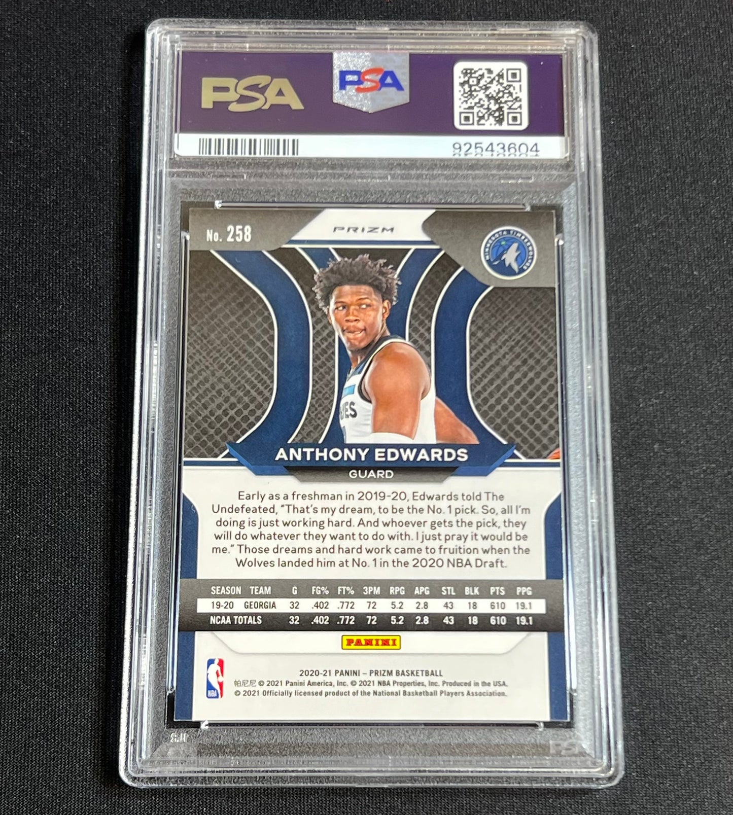 2020-21 Panini Prizm Anthony Edwards Hyper Prizm Rookie PSA 10 #258 Timberwolves